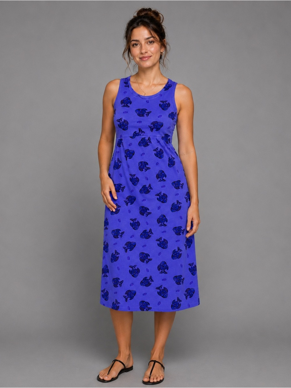 Zip Code Purple Fish Print Sleeveless Cotton Maxi Dress Women’s Medium M